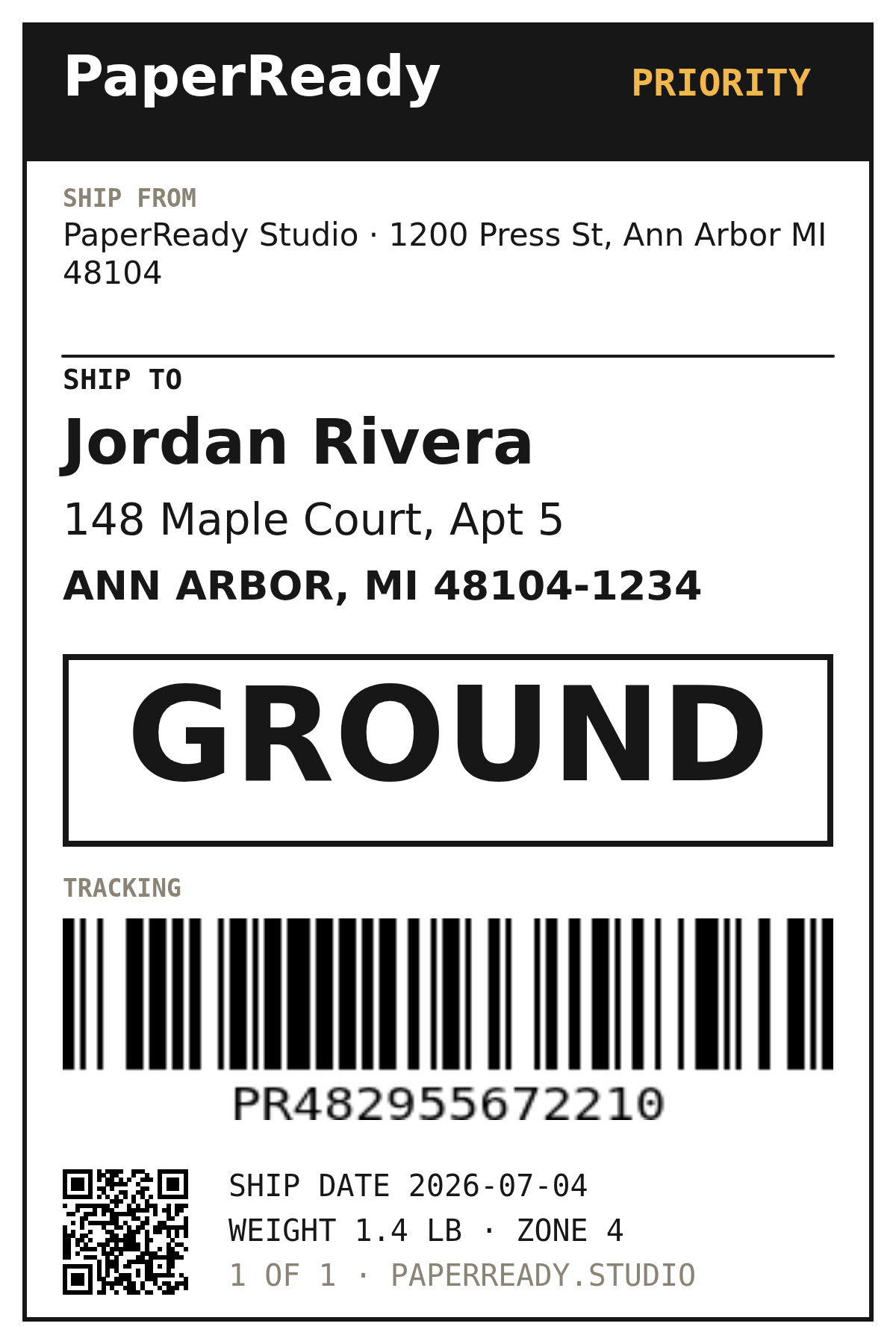 Example address label with text and a barcode created in PaperReady